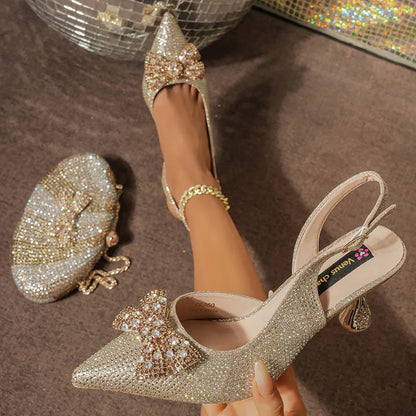 Nigerian-Inspired Rhinestone High Heels for Women with Purple Oval Bag – Stylish Ladies' Footwear & Accessory Set