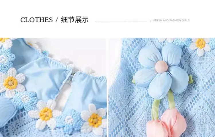 Girls' Dress Summer New Style Children's Fashionable Lace Princess Dress Little Girl Sweet Floral Vest Dress
