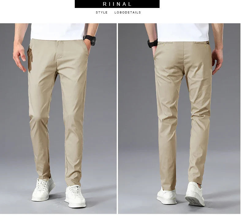Business Thin Men's Breathable Pants Slim Straight High Elastic Slim Casual Pants Male Brand Clothing Khaki Gray Green Black