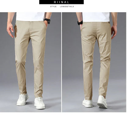 Business Thin Men's Breathable Pants Slim Straight High Elastic Slim Casual Pants Male Brand Clothing Khaki Gray Green Black