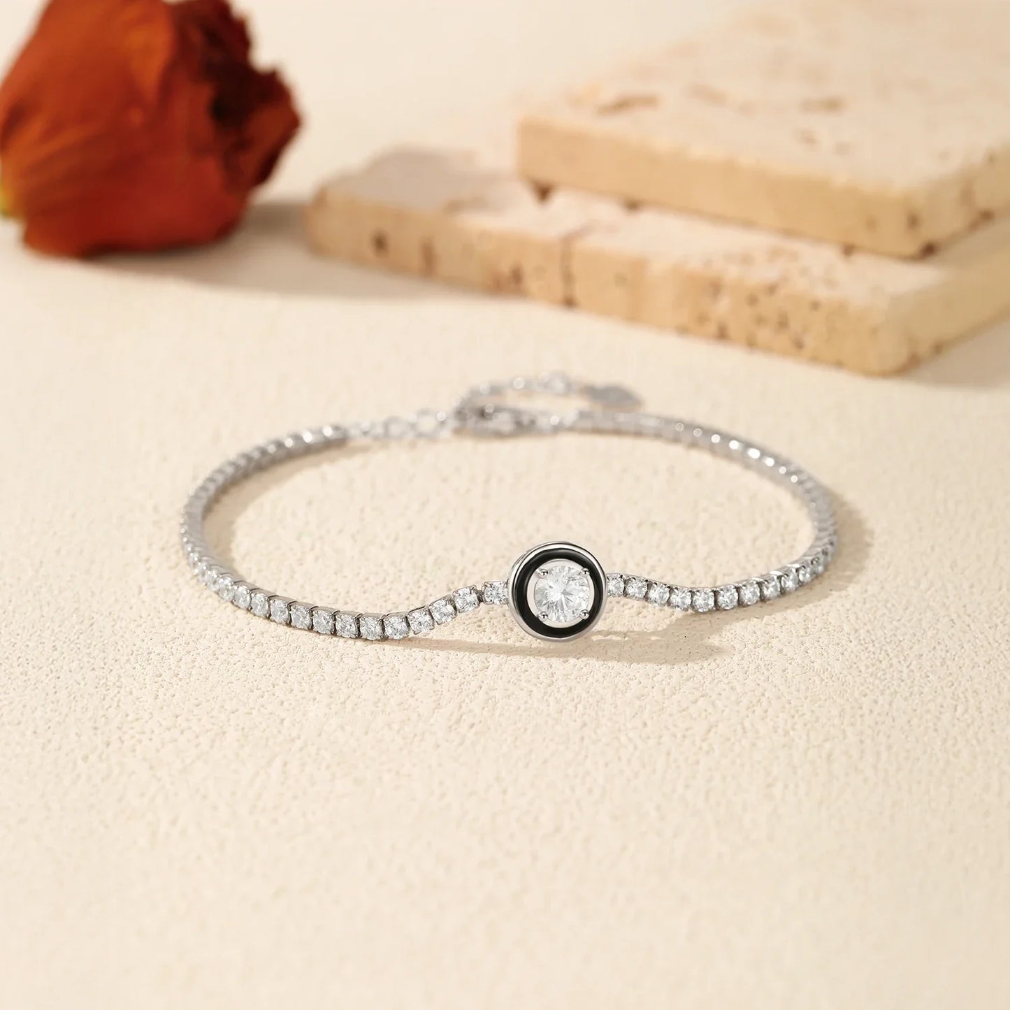 925 Sterling Silver Fashion Black Enamel Round Clear Cubic Zirconia Tennis Bracelet For Women Fine Jewelry Gifts