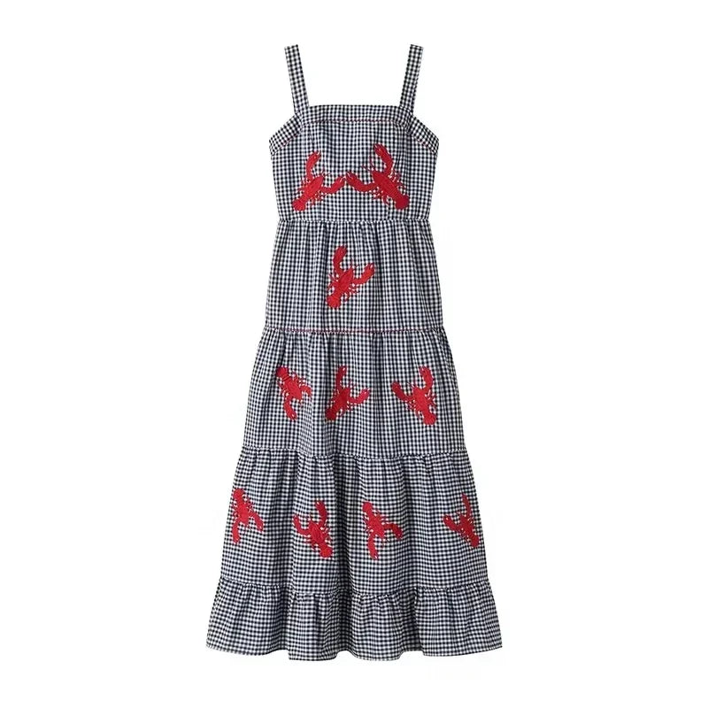 Plaid Slip Long Dress Woman Embroidery Ruffle Summer Dresses 2025 Sleeveless Beach Holiday Dress Women Casual Midi Dresses