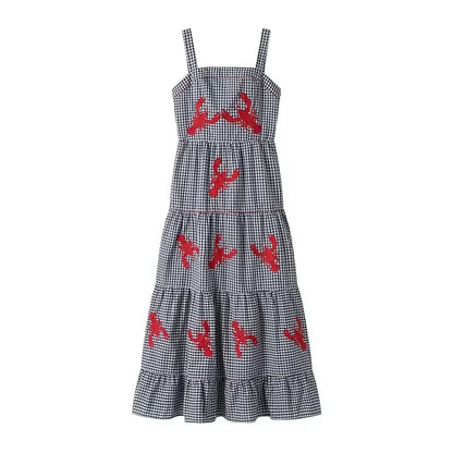Plaid Slip Long Dress Woman Embroidery Ruffle Summer Dresses 2025 Sleeveless Beach Holiday Dress Women Casual Midi Dresses