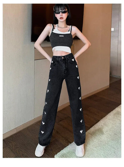 Women's Straight-leg Loose-fit Heart Embroidery Draped Trailer Pants