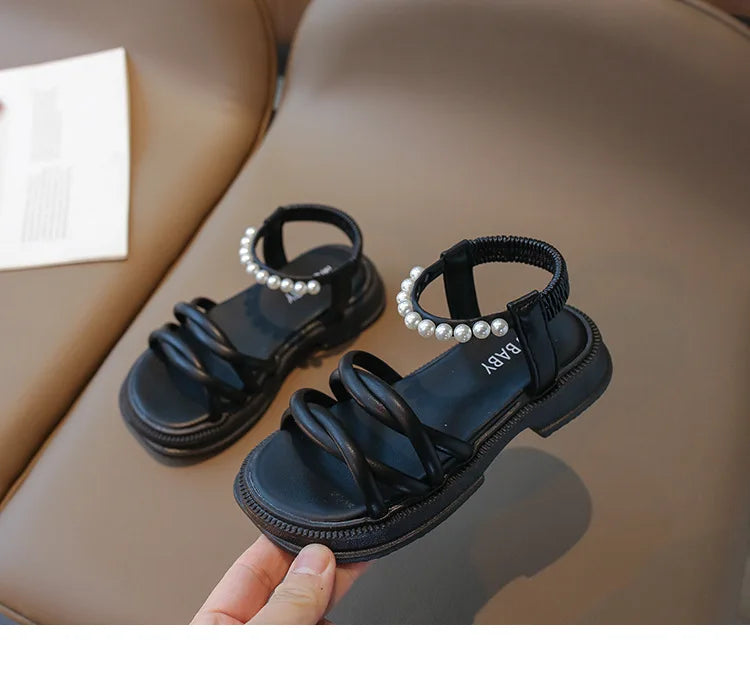 Girl Sandals Summer Children Princess Causal Pearl Beach Shoes Fashion Open-toe Kids Flat Sandals Solid Color Versatile Slip-on