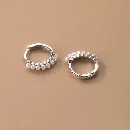 925 Sterling Silver Vintage Simple Pearl Huggies Ear Buckles for Women Charms Party Piercing Hoop Earrings Jewelry Gift
