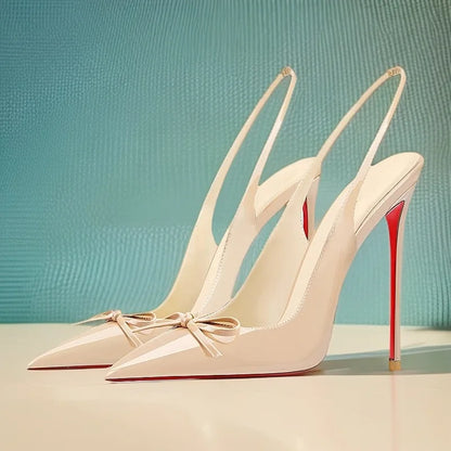 New black nude wine red patent leather pointed small bow back empty style plus size socialite high-heeled sandals