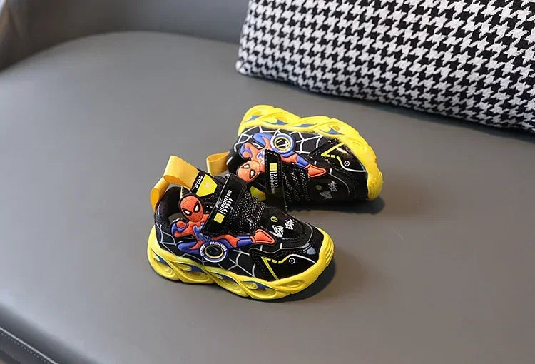Disney Children's Sneakers Boys Cartoon Spiderman Led Light Sport Shoes Student Shoes Hook Anti-slip Kids Outdoor Shoes