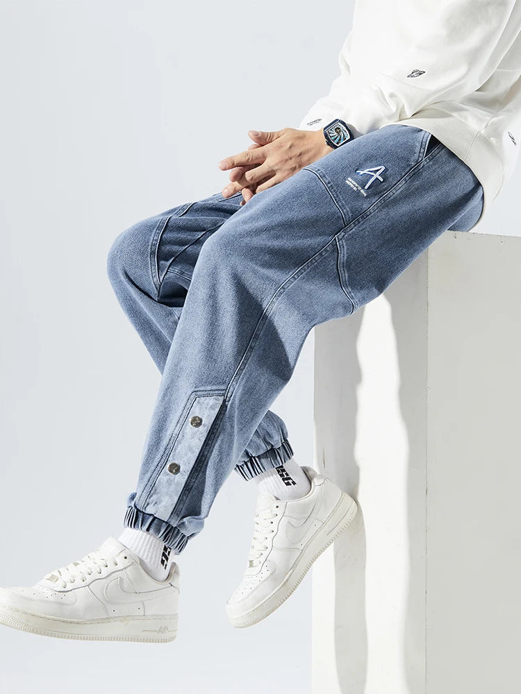Spring Summer Men's Jogger Jeans Slight Stretch Denim Cargo Pants Black Blue Streetwear Baggy Jeans Trousers