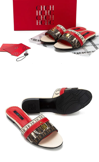 High Quality Metal Lock Monogram Print Women's Low Heeled Slippers Delicate and Versatile Women's Fashion Slippers