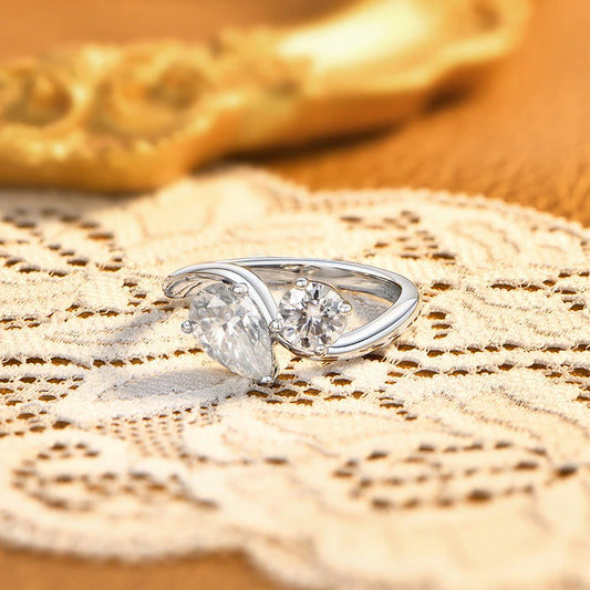 Toi Et Moi Moissanite Rings 925 Sterling Silver Pear&Round Cut Two Stone Bypass Ring forWomen Engagement Bridal Jewelry