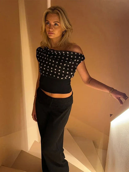 Polka Dots Print T-Shirts Women Summer Trend Skew Collar Off Shoulder Backless Street Fashion Trend Ruched Crop Tops