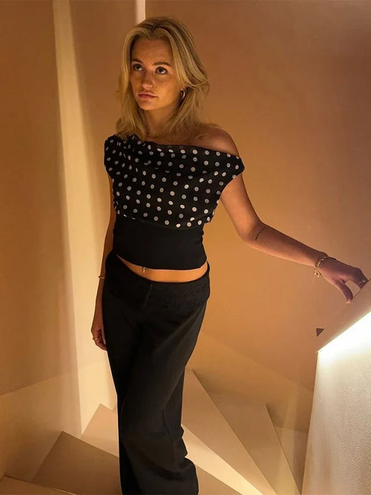 Polka Dots Print T-Shirts Women Summer Trend Skew Collar Off Shoulder Backless Street Fashion Trend Ruched Crop Tops