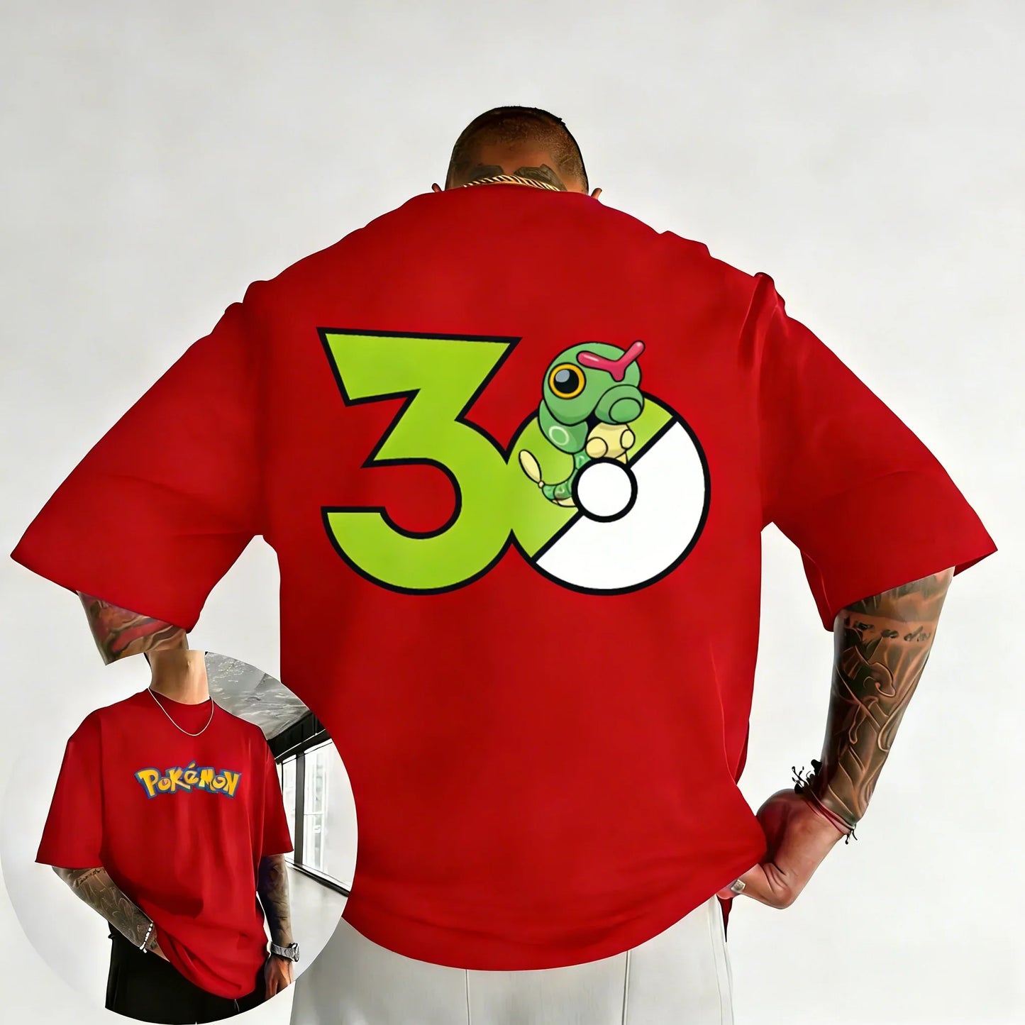 30th Anniversary Caterpie Printed T-shirt Summer New Men's and Women's Loose Casual Hip Hop Trendy Short Sleeve Top