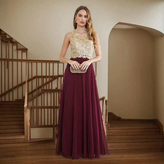 Elegant Long Prom Dresses Patchwork A-Line Evening Dress Chiffon Embroidery Appliques V-Neck Halter Illusion Back Party Gowns