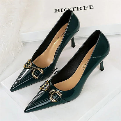 Women 7cm 10cm High Heels Wedding Bridal Replica Pumps Lady Scarpins Metal Chain Buckle Low Heels Stiletto Nude Green Prom Shoes