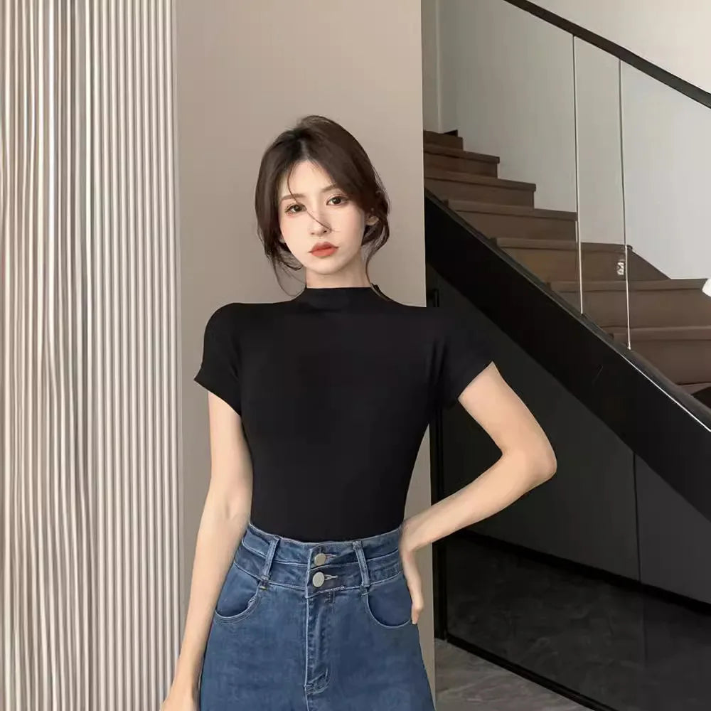 1pcs Girls Summer Solid T-shirts Womens Classic Basic Fashion Tees New Students Short Sleeve Slim Tops Females Mock Neck Tshirts