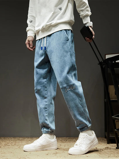 Calça Jeans Masculina Cargo Primavera Verão Levemente Elástica Algodão Denim Jogger Preta Azul Streetwear Folgada