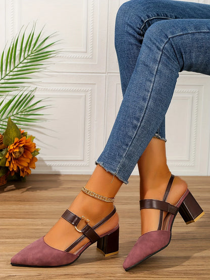 Women's Pointed Toe Block High Heel Sandals, Fashion Solid Color Slingback Shoes, Versatile Mid Heels