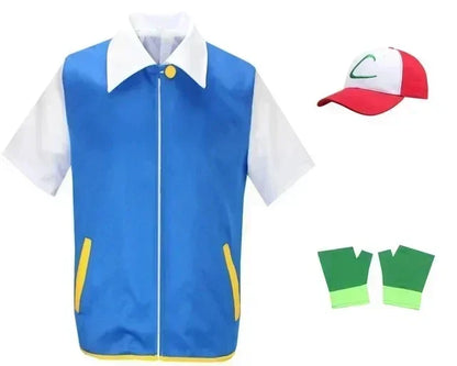 Ash Ketchum Cosplay Anime Clothes Men Blue Jacket Costume Boys Girls Cosplay for Party Trainer Pokemon Cap Gloves Set