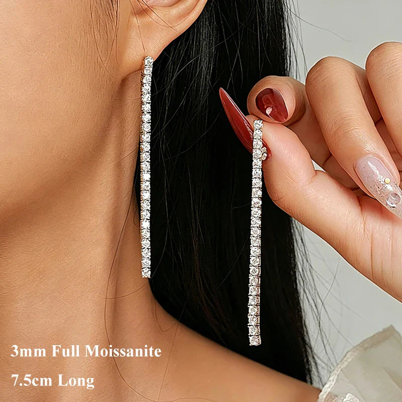2.5mm 3mm D Color Moissanite Long Tassel Drop Earrings Women Ear Fine Jewelry All Lab Diamond S925 Silver Stud Earring Gift