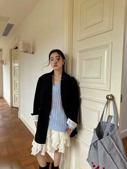Kawaii Black Mini Skirts Women Summer 2025 Japanese Y2k Fashion Ruched Skirts Vintage Clothes Kawaii Ruffle Skirts Lace Trim