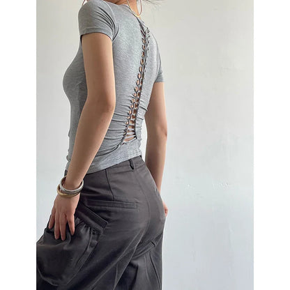 Back Hollow Out Solid Women's T-shirt Korean Fashion Short Sleeve Slim Streetwear Summer Tops Soft Tees Female Clothing