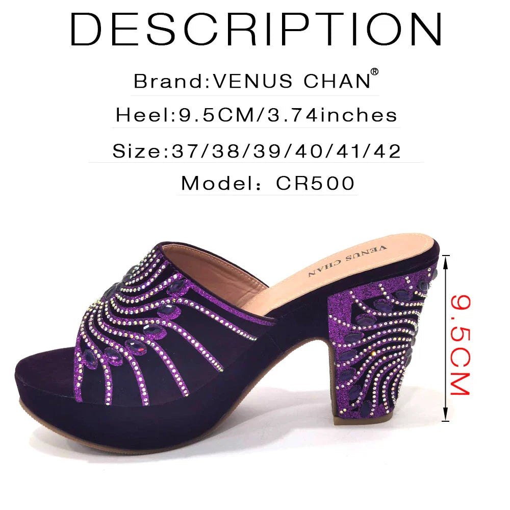 The Latest Italian Design Rotary Rhine-Diamond Floral Thick Heel Platform Women's Comfortable Shoes Bag and Shoe Set