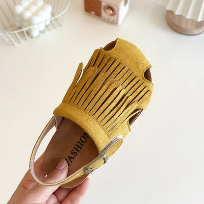 2025 Summer New Girls' Sandals Korean Style Tassel Princess Shoes Frosted Leather Hollow Sandals Comfortable 23-31