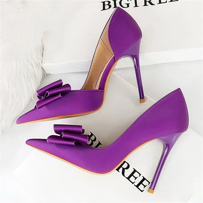 2024 Women 10.5cm High Heels Sweet Korean Side Hollow Pumps Lady Party Purple Green Kawaii Bowknot Heels Prom Silk Satin Shoes