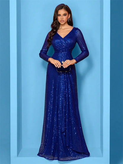 Vestido de Noite de Luxo Longo com Decote em V 2025 Feminino Elegante para Festa de Casamento Vestido Maxi com Lantejoulas Mangas Longas Vestido de Baile Coquetel