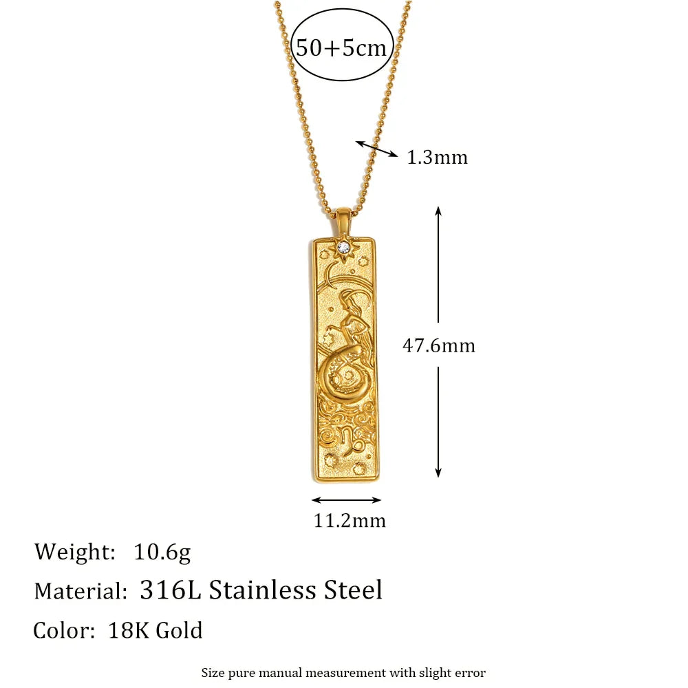 18k Gold Plated Rectangle Shape 12 Constellation Pendant Necklace Stainless Steel Waterproof Fashion Women's Jewelry