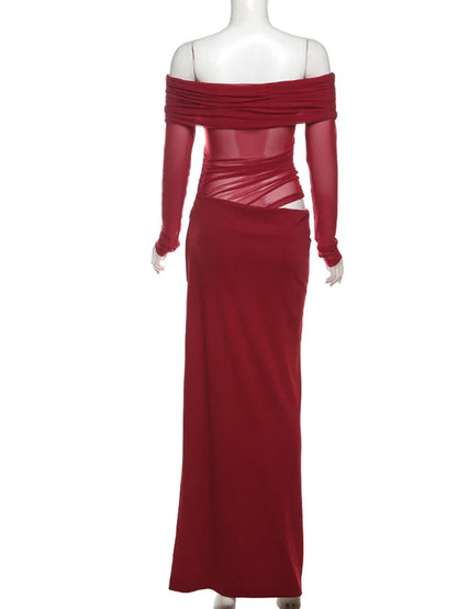 Dress Women 2025 Spring Patchwork Mesh Elegant Slash Neck Ruched Fit Chic Birthday Party Festival Vacation Vestidos