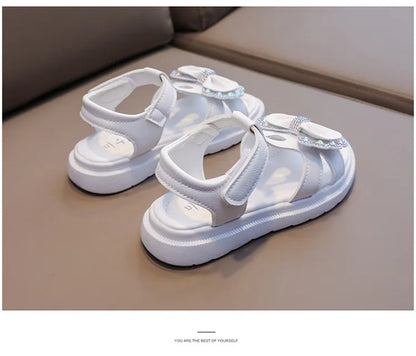 Girl Sandal Kid Summer Elegant Bling Rhinestone Party Princess Beach Shoes Cute Bowknot School Shoes for Kids Flat Heel F05201