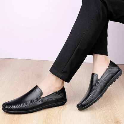Sapatos Masculinos de Couro Genuíno Costurados Sem Deslize Loafer Feito à Mão Negócios Casamento Tamanhos Grandes Sapatos Formais Casuais para Homens