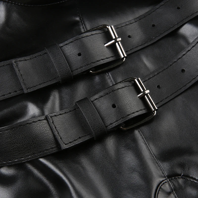 Punk Style Leather PU Patchwork Crop Tops Women Grunge Biker Sleeveless Corset Tank Top Streetwear Dark Academia Vest
