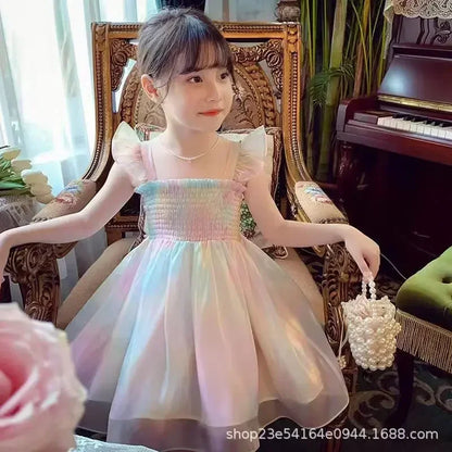Summer Girls 1-8 Years Floral Roses Princess Dress Lace Tiered Bow Back Pearl Accented Knee-Length Party Birthday Celebration