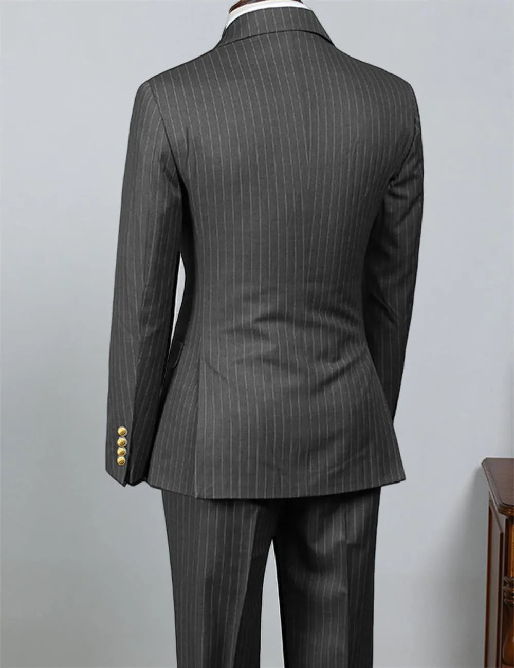 2 Piece Black Striped Men's Suit Set Golden double breasted Lapel Jacket Elastic Pants Wedding Part Prom Dinner Wrok Travel