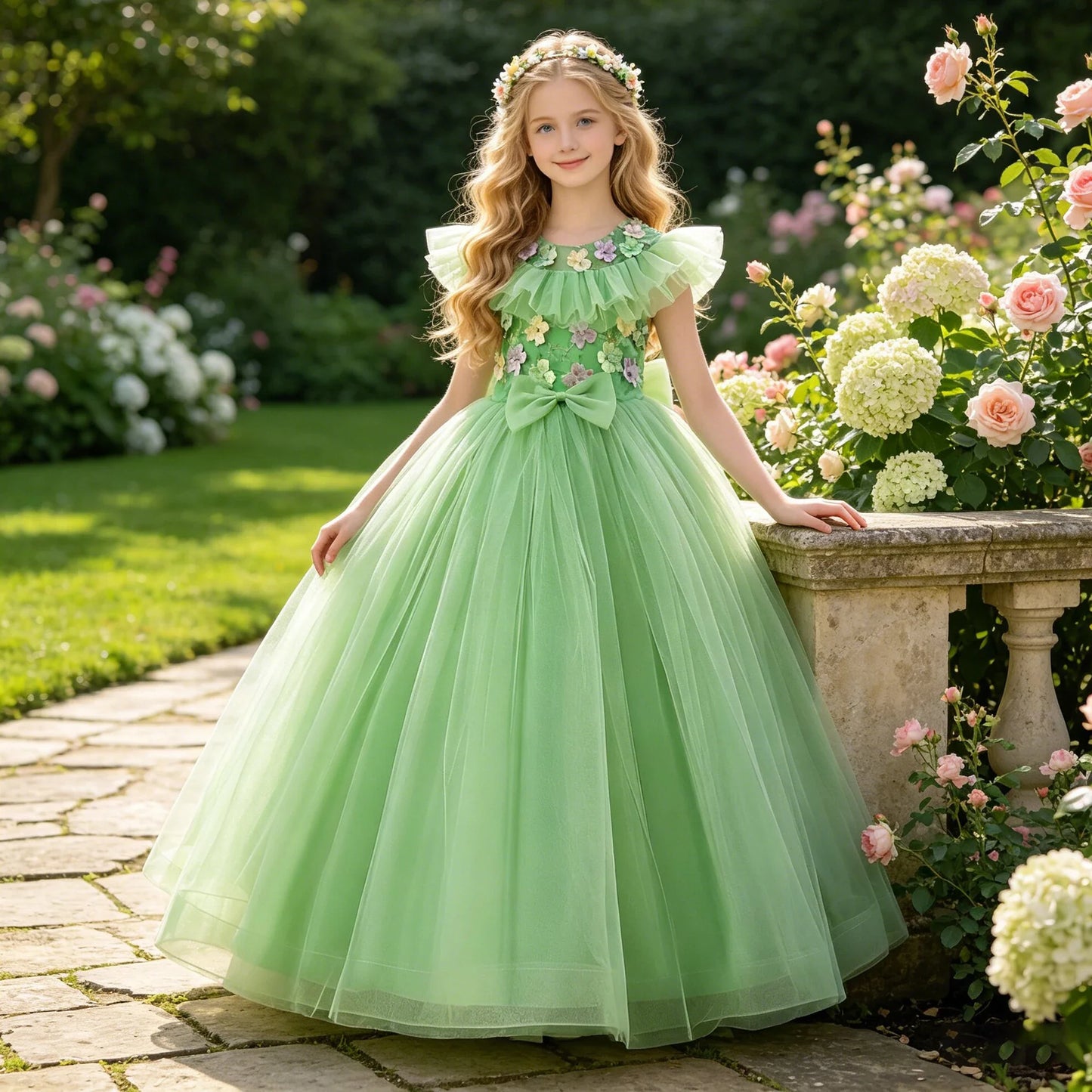 Summer Flower Embroidery Party Bridesmaid Girls Dresses Elegant Tulle Birthday Princess Dress Girls Bow Wedding Prom Kids Clothe