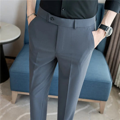 Stretch Solid Color Men's Trousers, Suitable for Business Casual, Parties, Formal Events, and Ankle-length Slim Pants.28-40