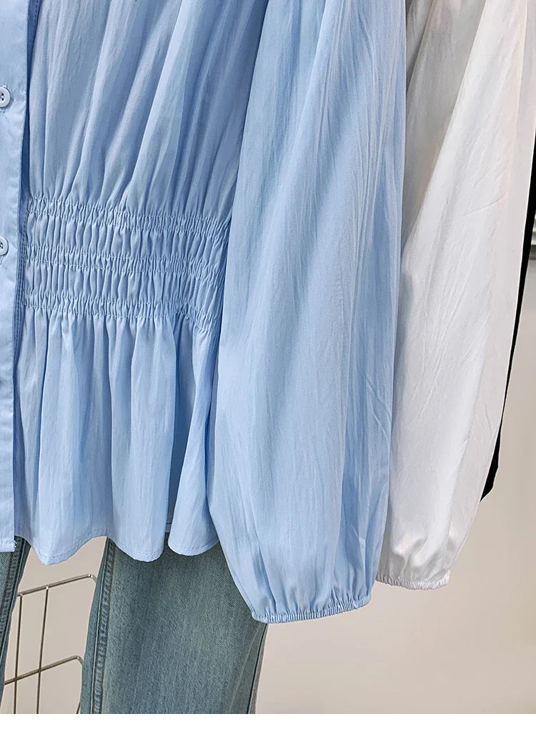 2026 V-neck Long Sleeved Plus Size Shirt Loose Pleated Ruffle Oversized Tops Ladies Chic Elegant Solid Versatile Blouse