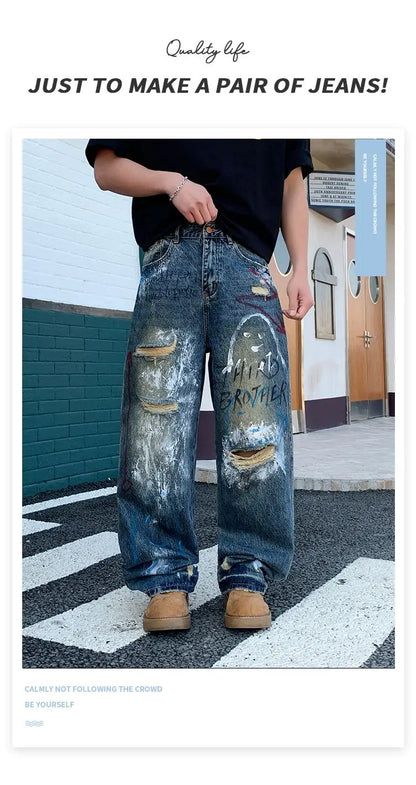 New street graffiti ripped painted jeans for men, straight-leg, loose, wide-leg, trendy brand, stylish high-end