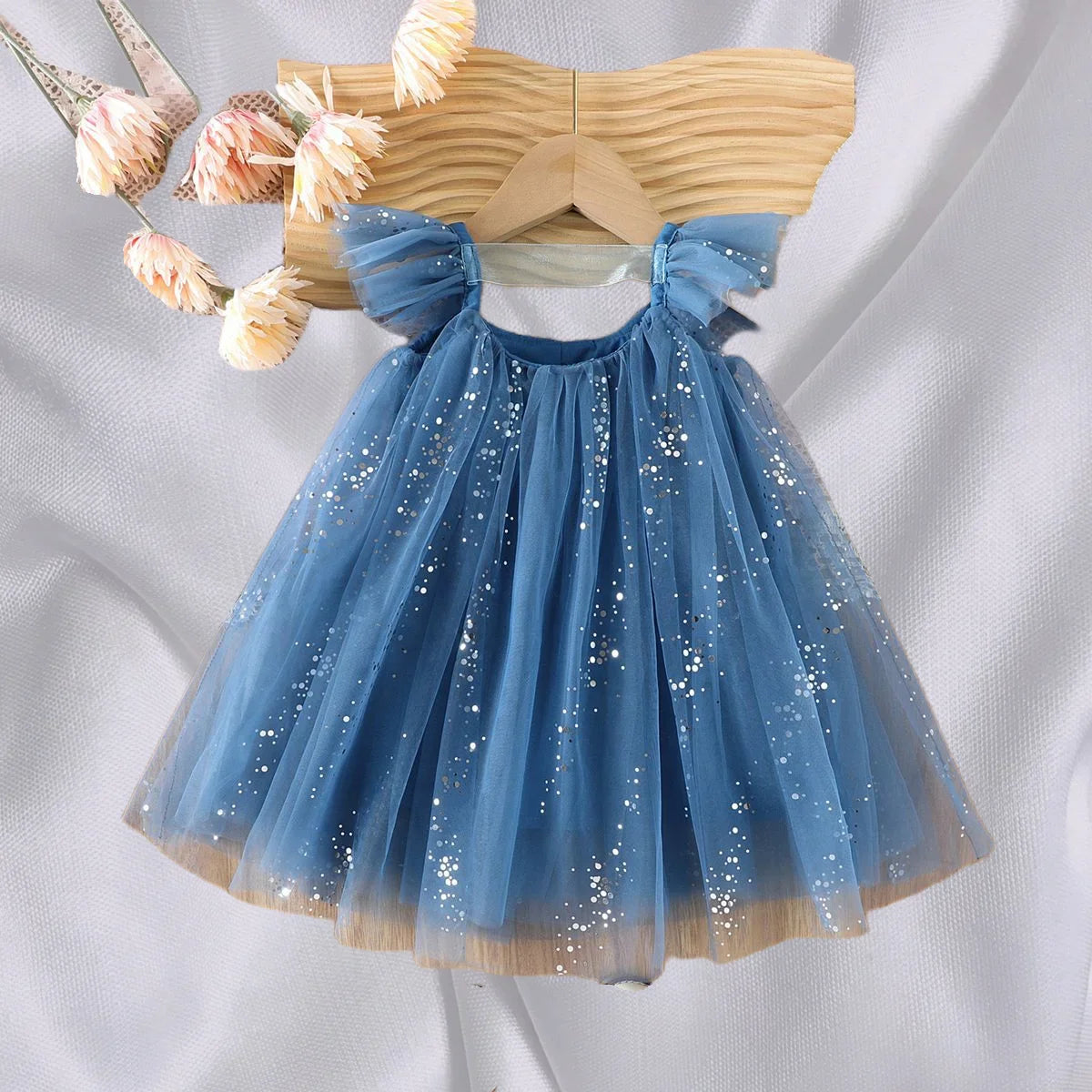 2026 Summer 1-5Y Korean Style Girls Suspender Dress Kids Flutter Sleeve Mesh Breathable Daily Party Dress Children Clothes