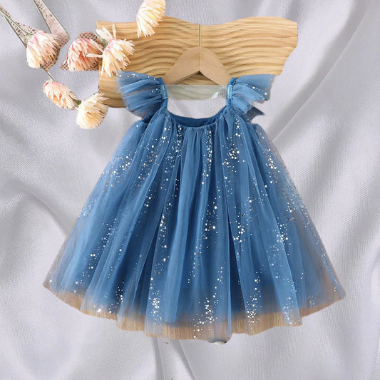 2026 Summer 1-5Y Korean Style Girls Suspender Dress Kids Flutter Sleeve Mesh Breathable Daily Party Dress Children Clothes