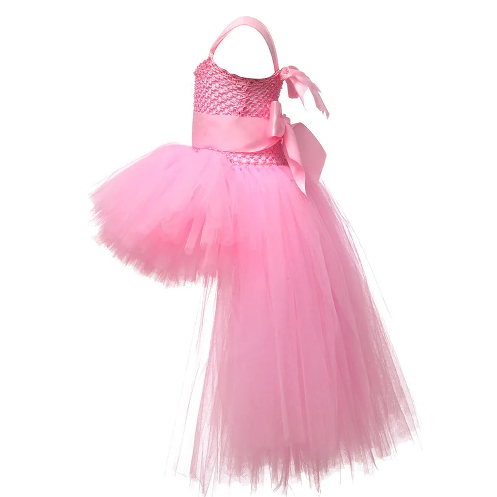 Vestido Tutu Rosa e Preto para Meninas, Vestido de Tule com Cauda e Decote V para Festa de Aniversário, Vestido de Baile para Meninas, Fantasias de Halloween Infantis