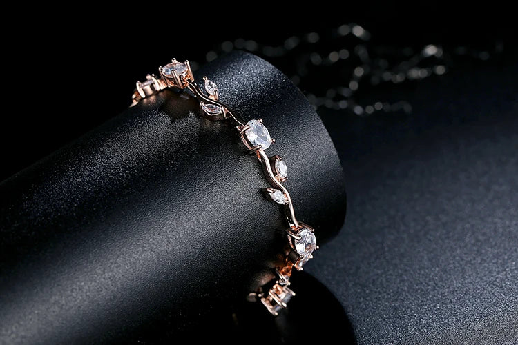 Rose Gold Color Leaf Chain & Link Bracelet with Red + Green AAA Zircon for Mother Gifts Jewelry JIB072