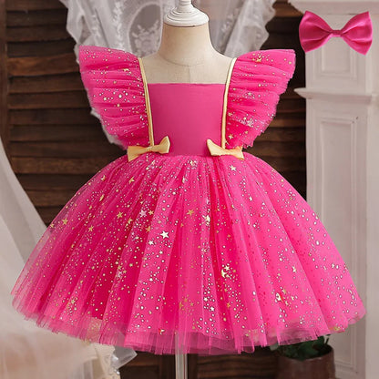 Princess Dress for Girls Sequined Star Ruffle Bow Tutu Gown Baby Formal Gala Prom Gown Kids Evening Party Costume