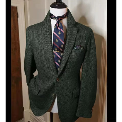 Men's Herringbone Tweed Blazer Vintage British Slim Fit Suit Jacket Wool Blend Formal Coat with Pocket Square Wedding Casual