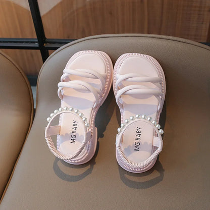 Girl Sandals Summer Children Princess Causal Pearl Beach Shoes Fashion Open-toe Kids Flat Sandals Solid Color Versatile Slip-on
