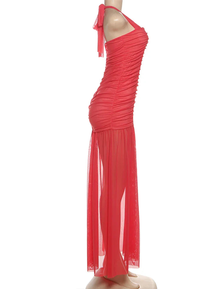 See Through Hem Dress Women Ruched Halter Summer Trend Sleeveless Backless Patchwork Midnight Clubwear Party Maxi Bodycon
